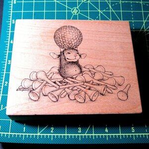 VTG House Mouse Rubber Stamp Stampa Rosa Golf Tee Mouse Holding Ball 1998